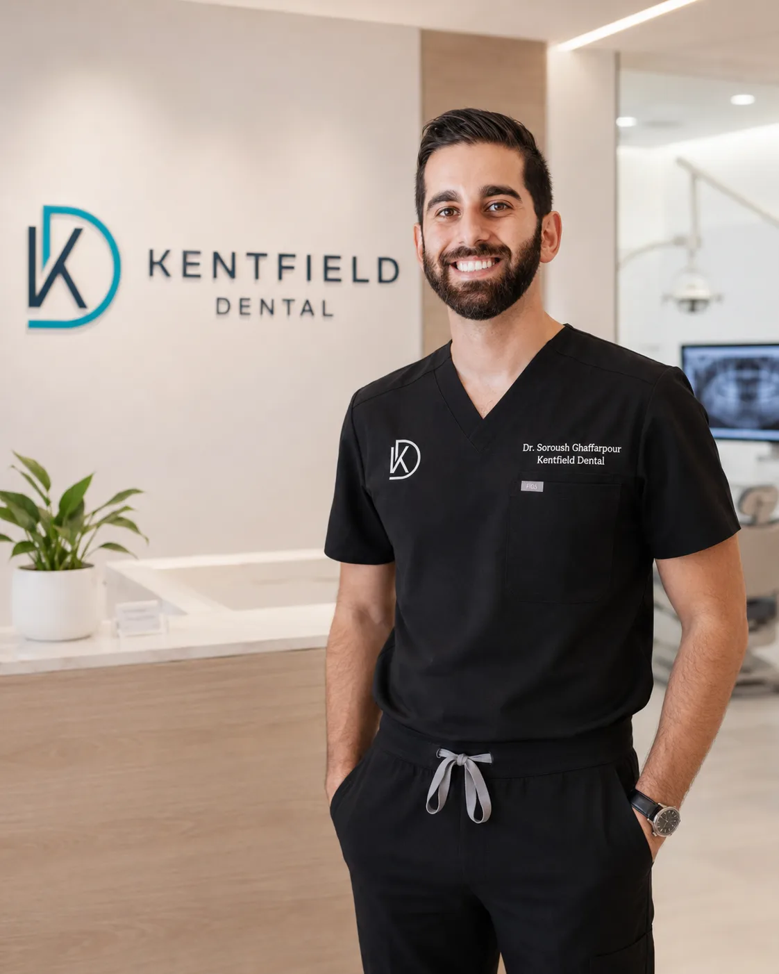 Dr. Soroush Ghaffarpour in scrubs at Kentfield Dental